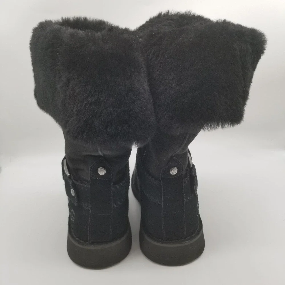 UGG‎ Simmens Black Suede Sheepskin Cuff Mid Calf Boots 1012361 Womens 9
